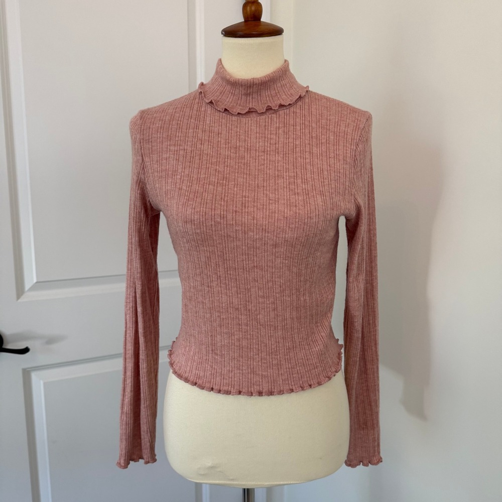 Madewell Womens M Ribbed Mock Neck Long Sleeve Top Dusty Rose Mauve Lettuce Edge